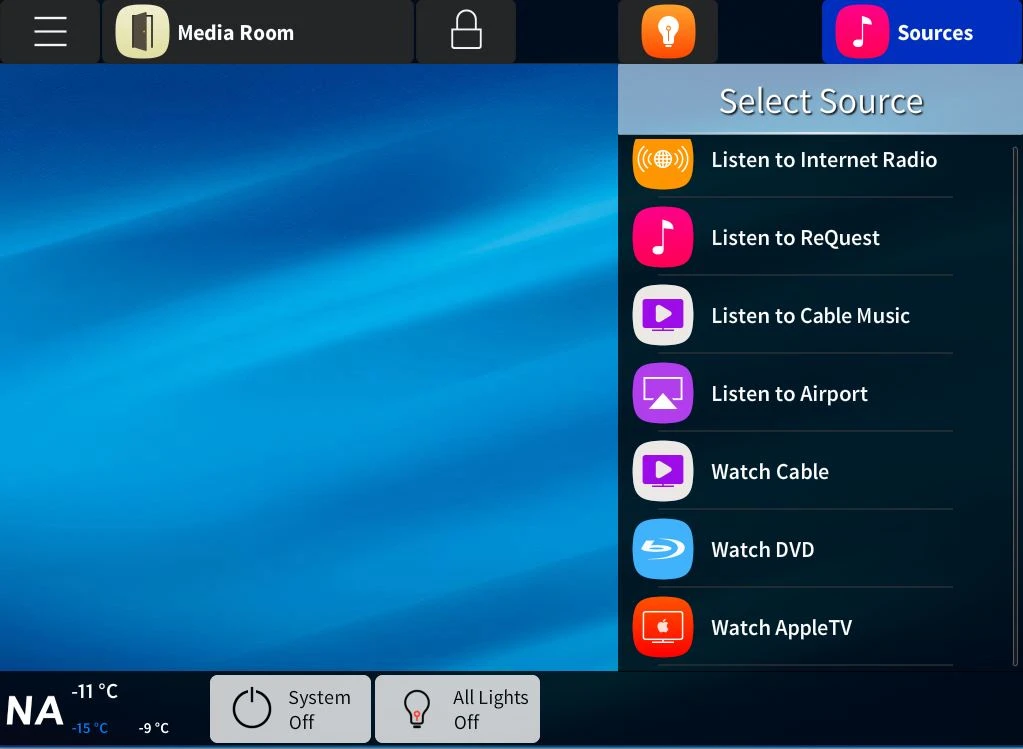 Touchpanel user interface for private residence showing source selection
