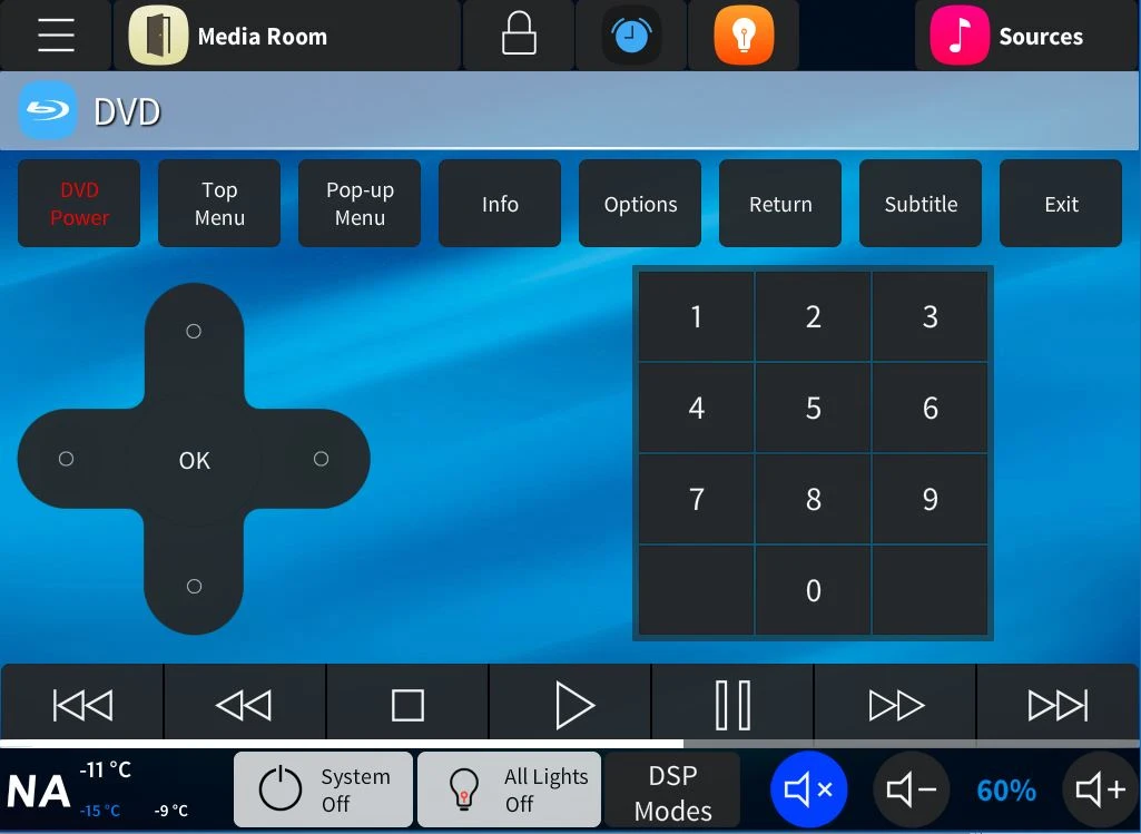 Touchpanel user interface for private residence showing DVD controls