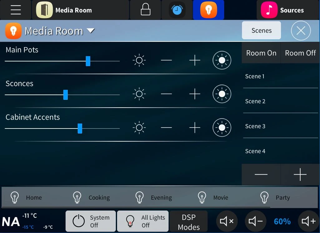 Touchpanel user interface for private residence showing lighting controls