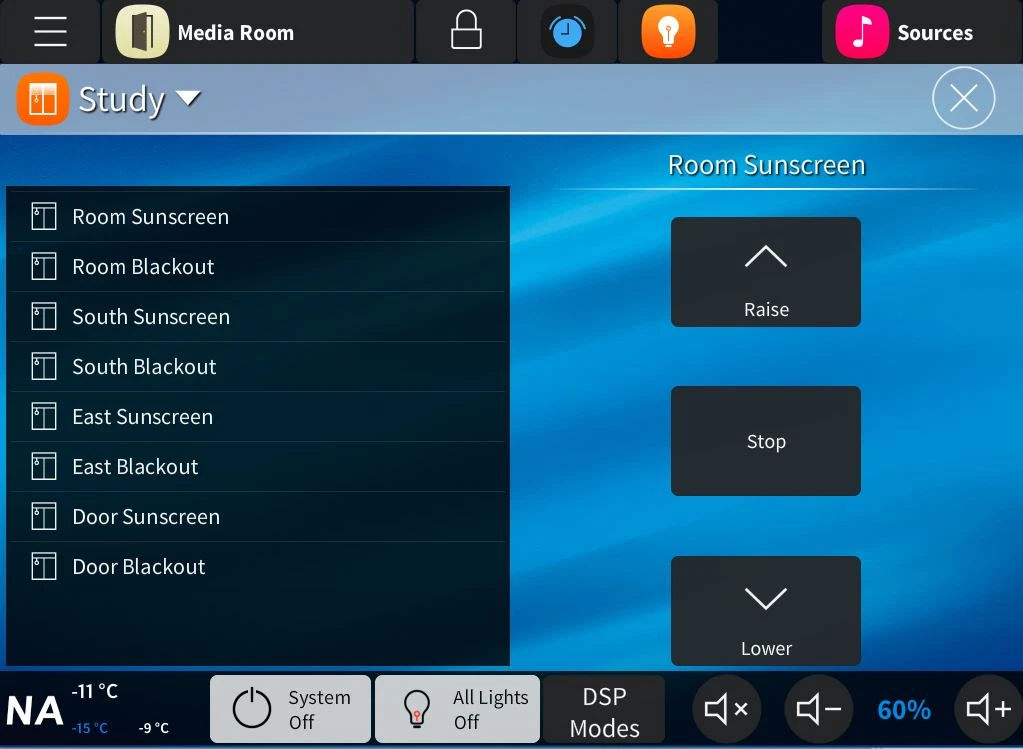 Touchpanel user interface for private residence showing window shade controls