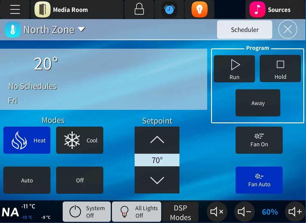Touchpanel user interface for private residence showing thermostat controls