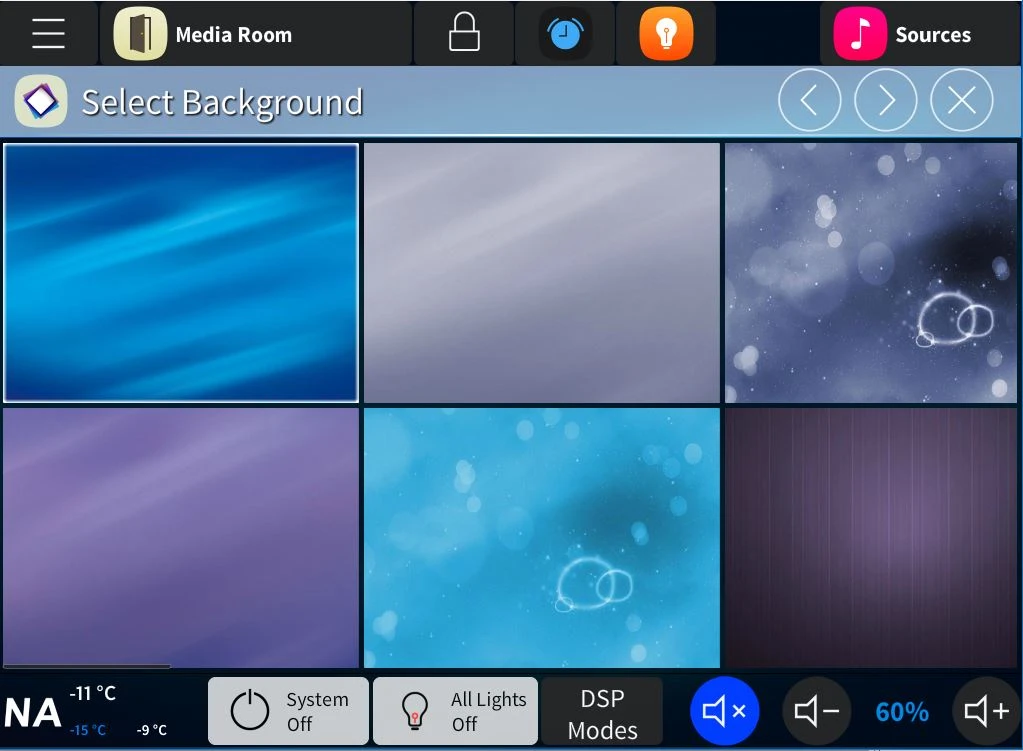 Touchpanel user interface for private residence showing background selection